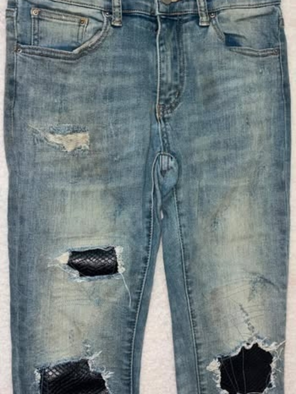 MNML Slim Distressed Light Blue Jeans with Black Patch Details